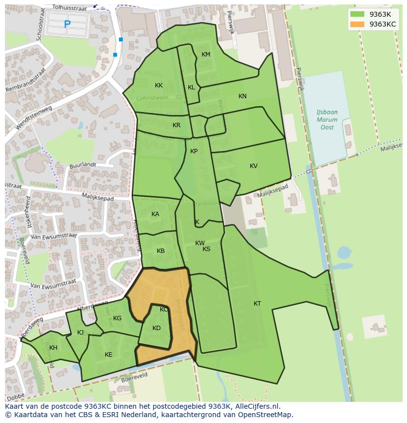 Afbeelding van het postcodegebied 9363 KC op de kaart.