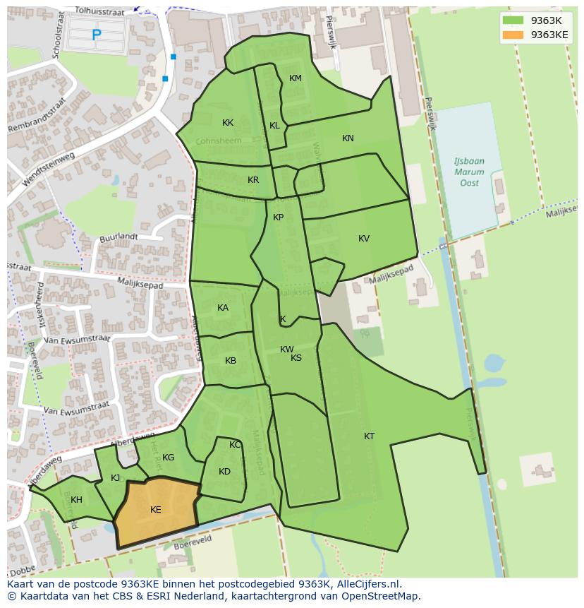 Afbeelding van het postcodegebied 9363 KE op de kaart.