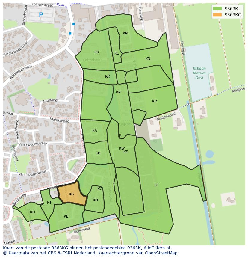 Afbeelding van het postcodegebied 9363 KG op de kaart.