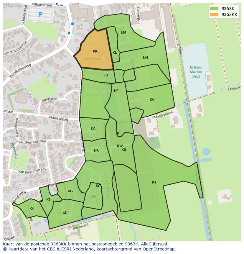 Afbeelding van het postcodegebied 9363 KK op de kaart.