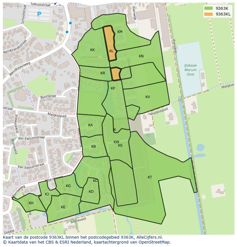 Afbeelding van het postcodegebied 9363 KL op de kaart.