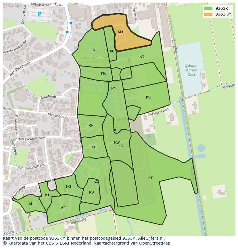 Afbeelding van het postcodegebied 9363 KM op de kaart.