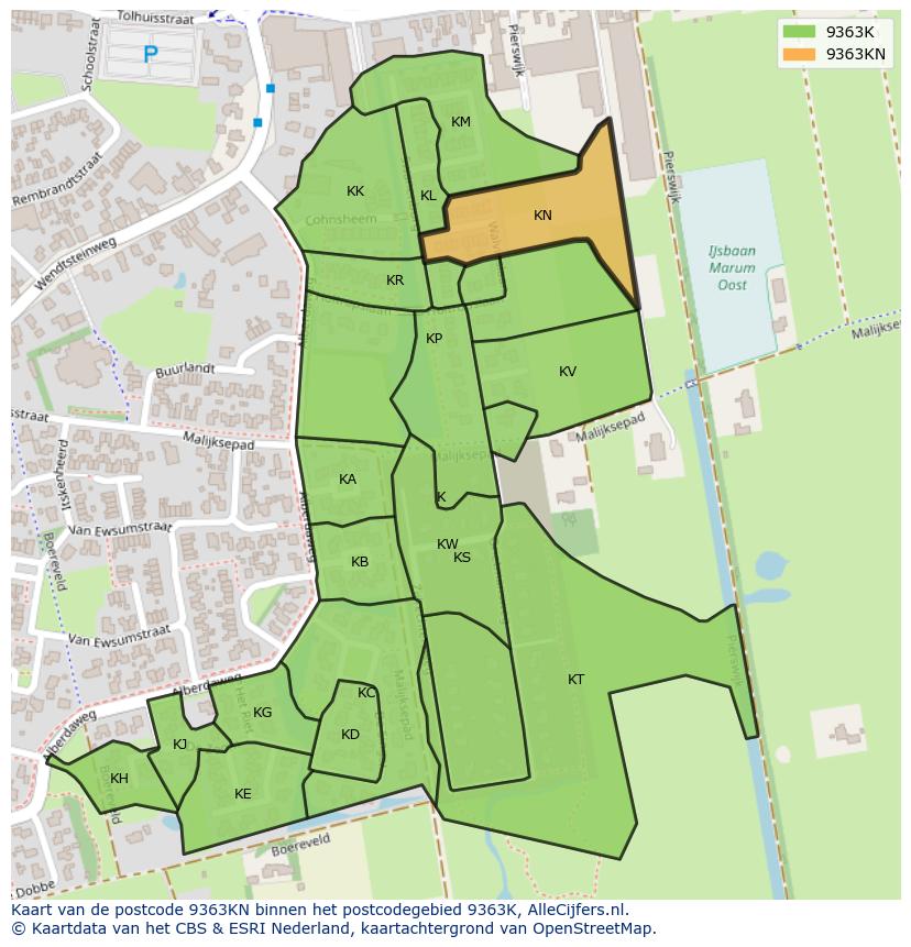 Afbeelding van het postcodegebied 9363 KN op de kaart.