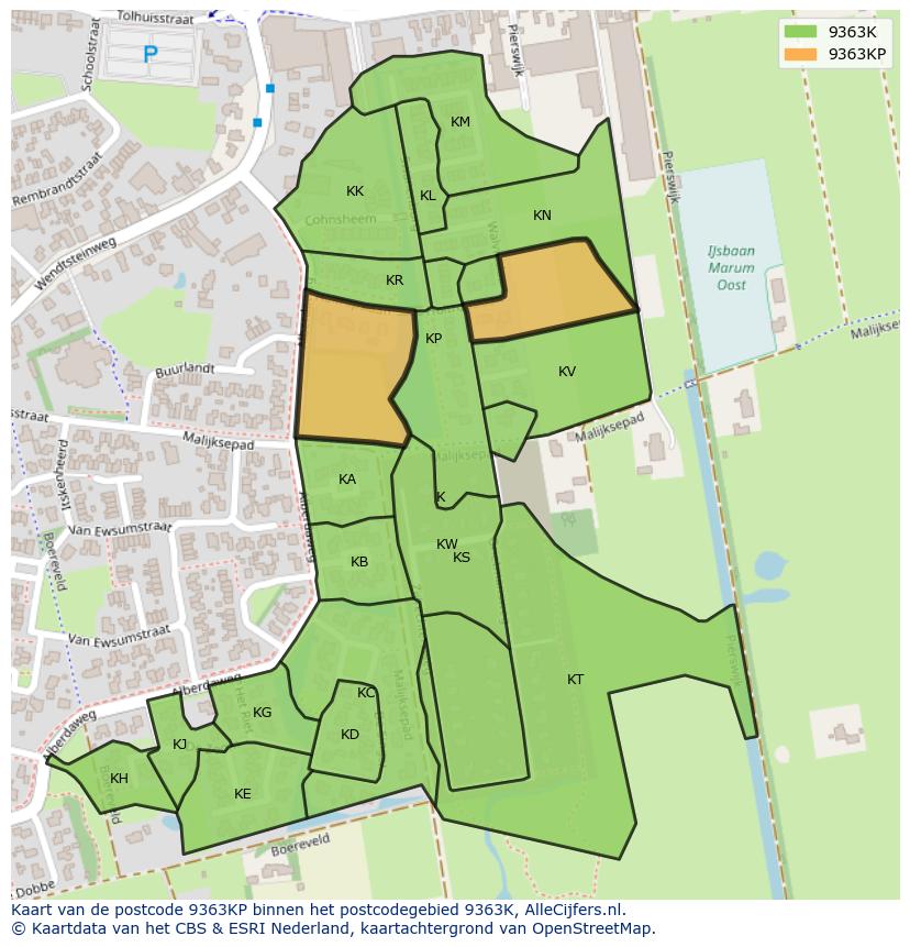 Afbeelding van het postcodegebied 9363 KP op de kaart.