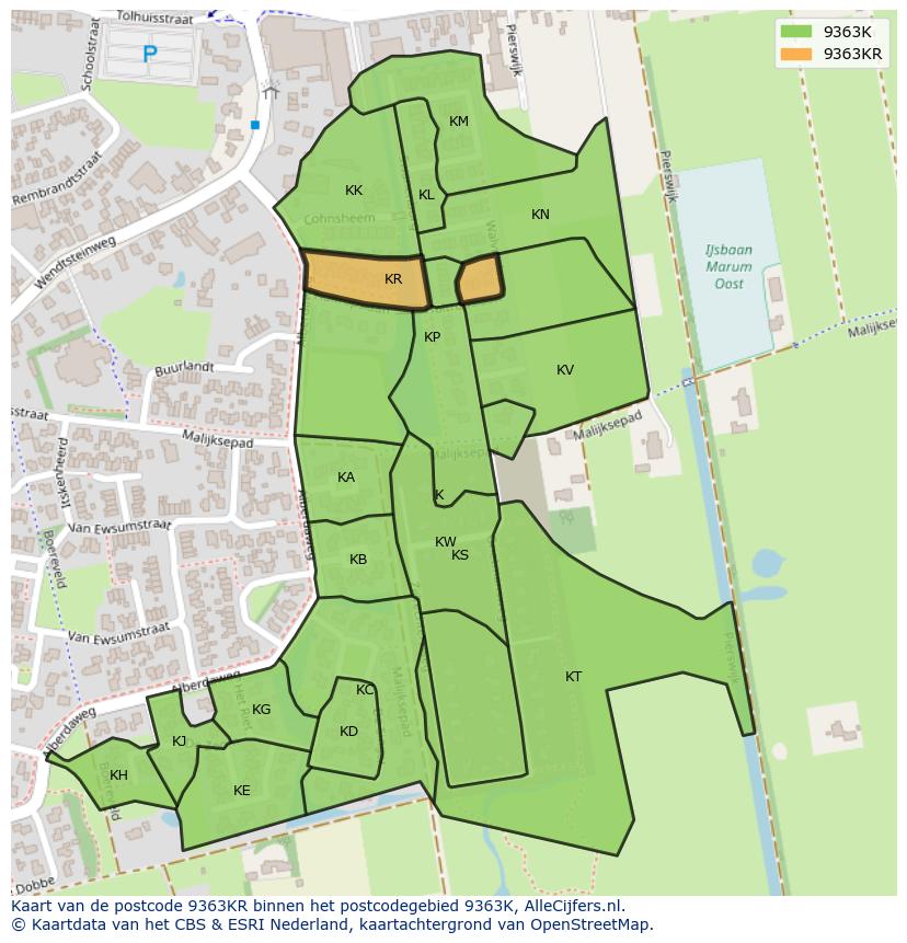 Afbeelding van het postcodegebied 9363 KR op de kaart.