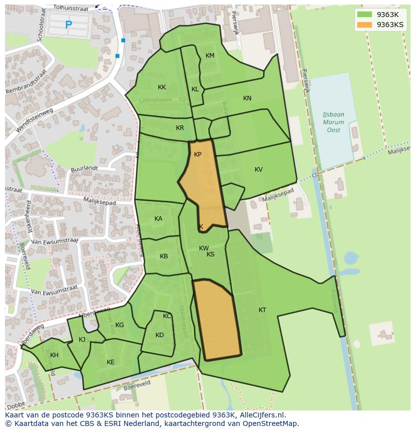 Afbeelding van het postcodegebied 9363 KS op de kaart.