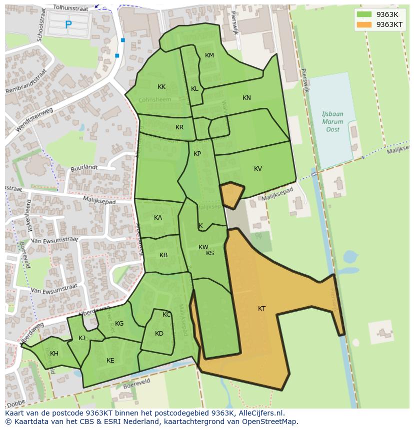 Afbeelding van het postcodegebied 9363 KT op de kaart.