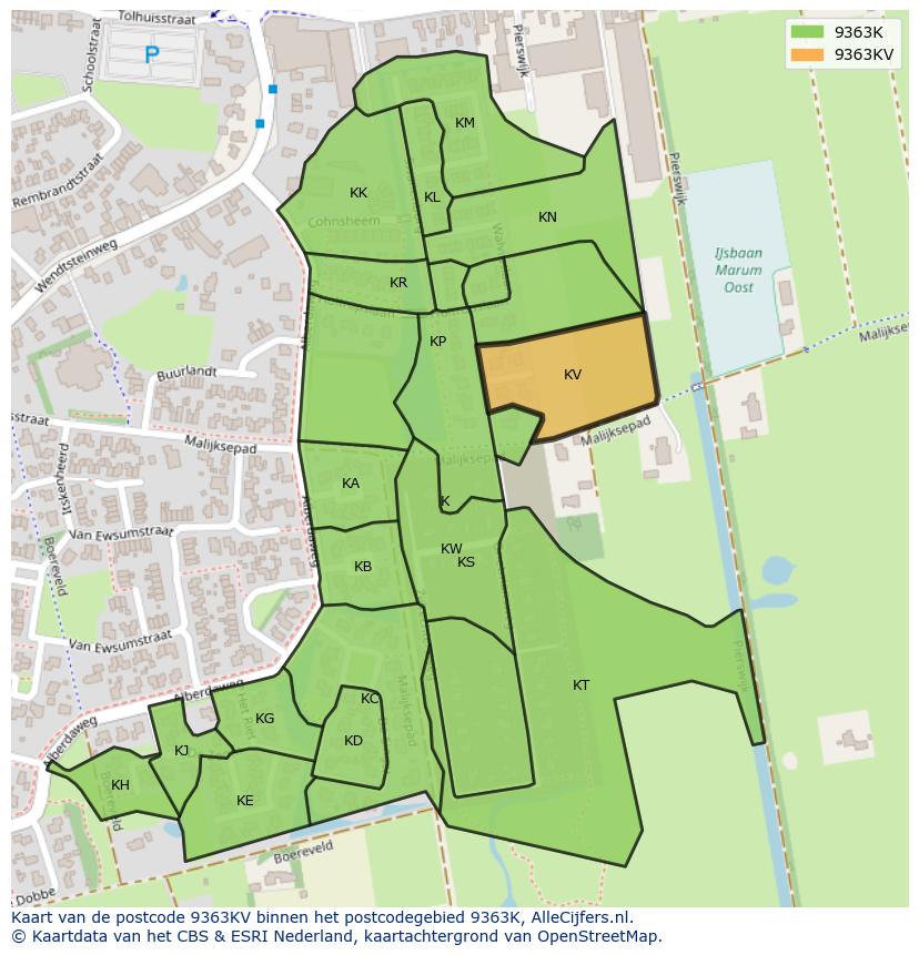 Afbeelding van het postcodegebied 9363 KV op de kaart.
