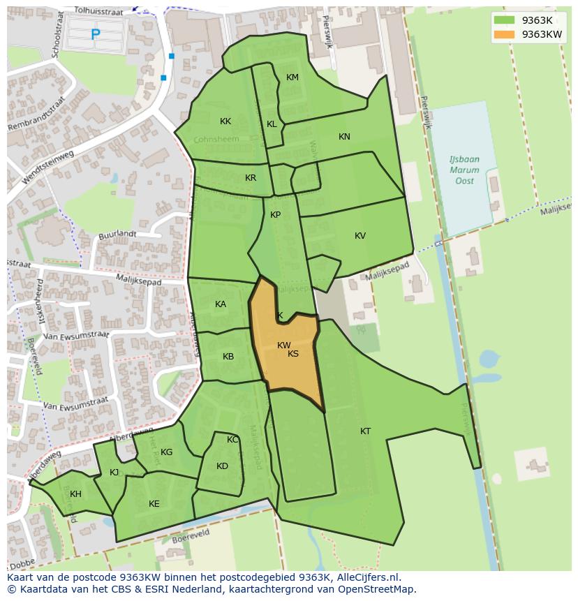 Afbeelding van het postcodegebied 9363 KW op de kaart.