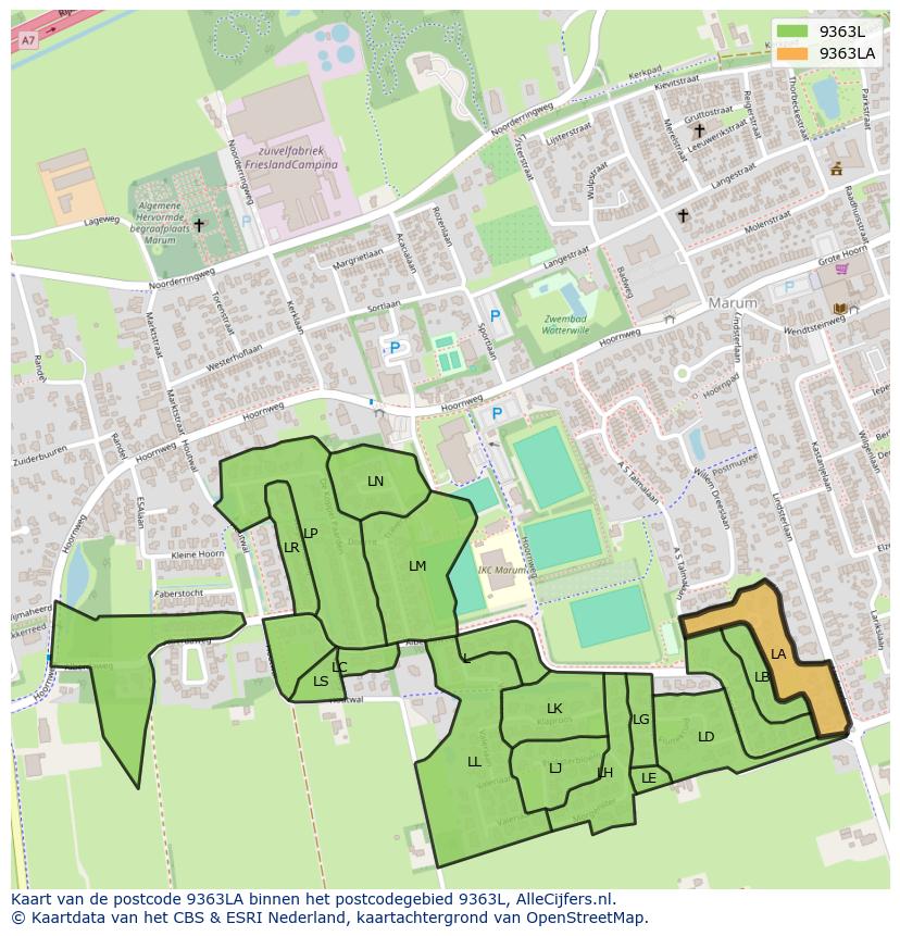 Afbeelding van het postcodegebied 9363 LA op de kaart.