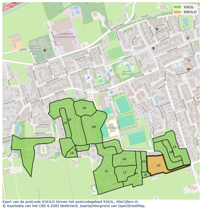 Afbeelding van het postcodegebied 9363 LD op de kaart.