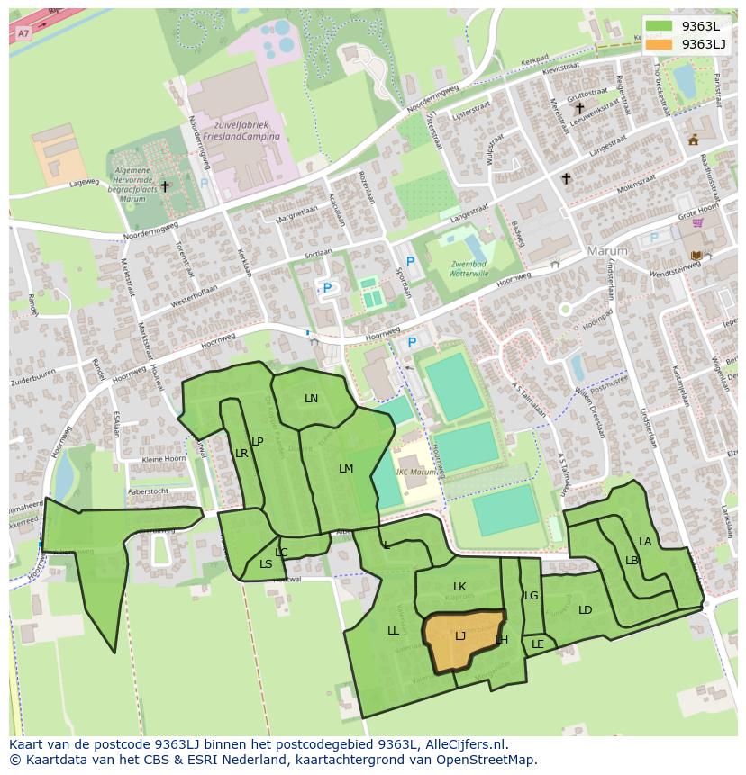 Afbeelding van het postcodegebied 9363 LJ op de kaart.
