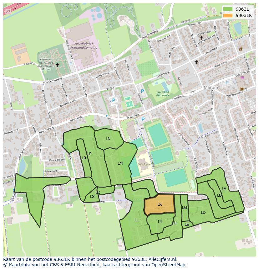 Afbeelding van het postcodegebied 9363 LK op de kaart.
