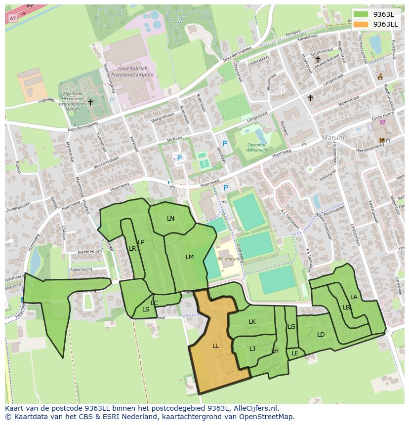 Afbeelding van het postcodegebied 9363 LL op de kaart.
