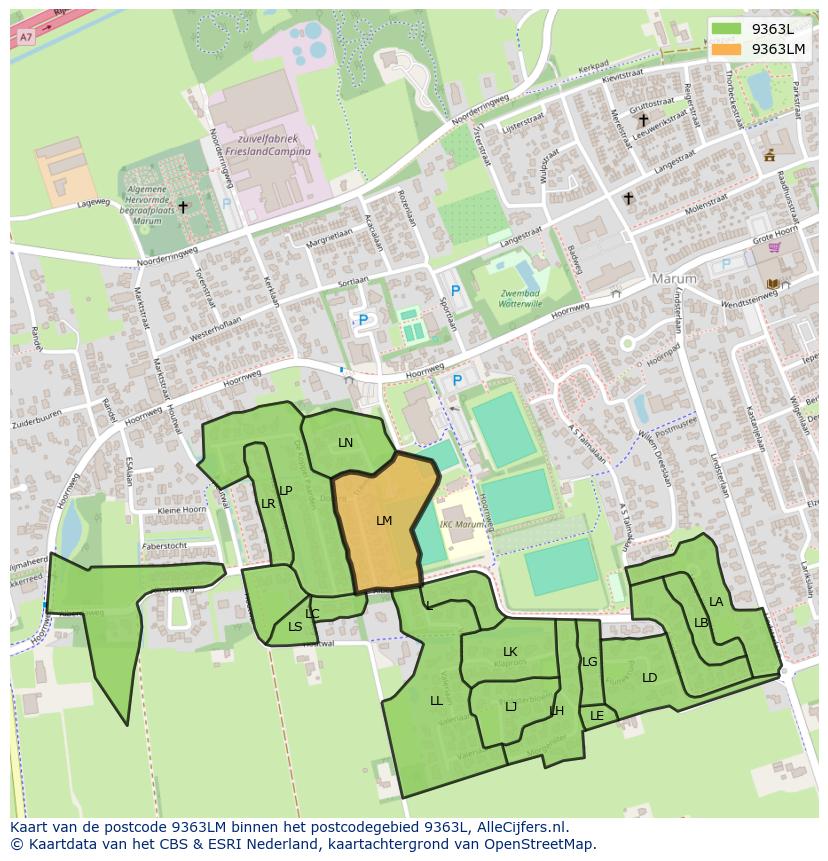 Afbeelding van het postcodegebied 9363 LM op de kaart.