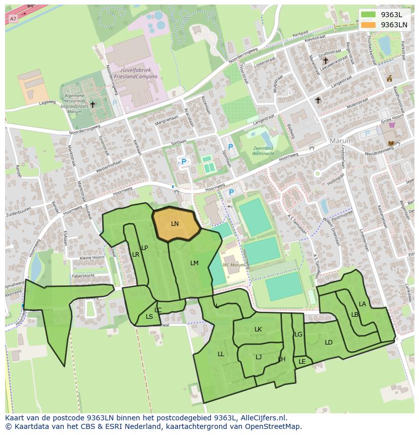 Afbeelding van het postcodegebied 9363 LN op de kaart.