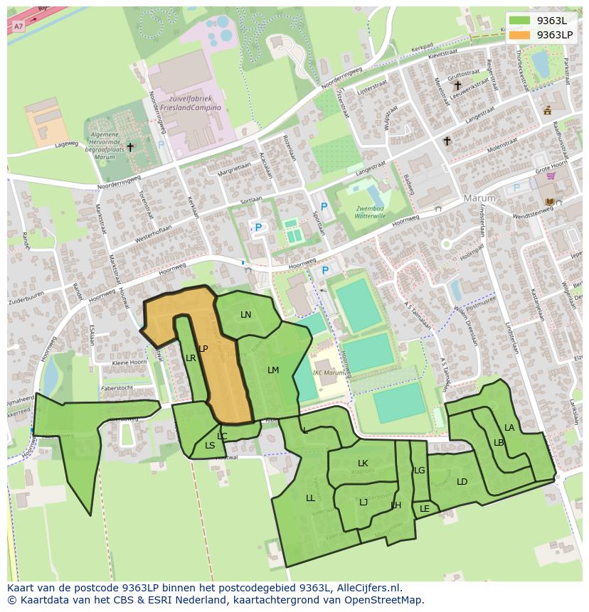 Afbeelding van het postcodegebied 9363 LP op de kaart.