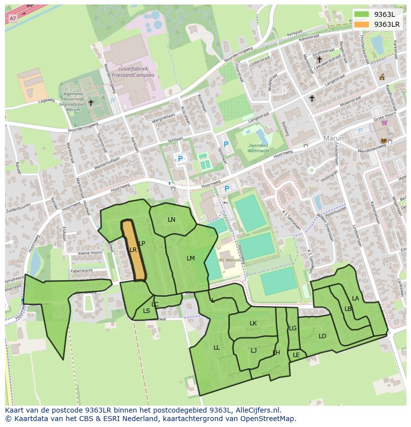 Afbeelding van het postcodegebied 9363 LR op de kaart.