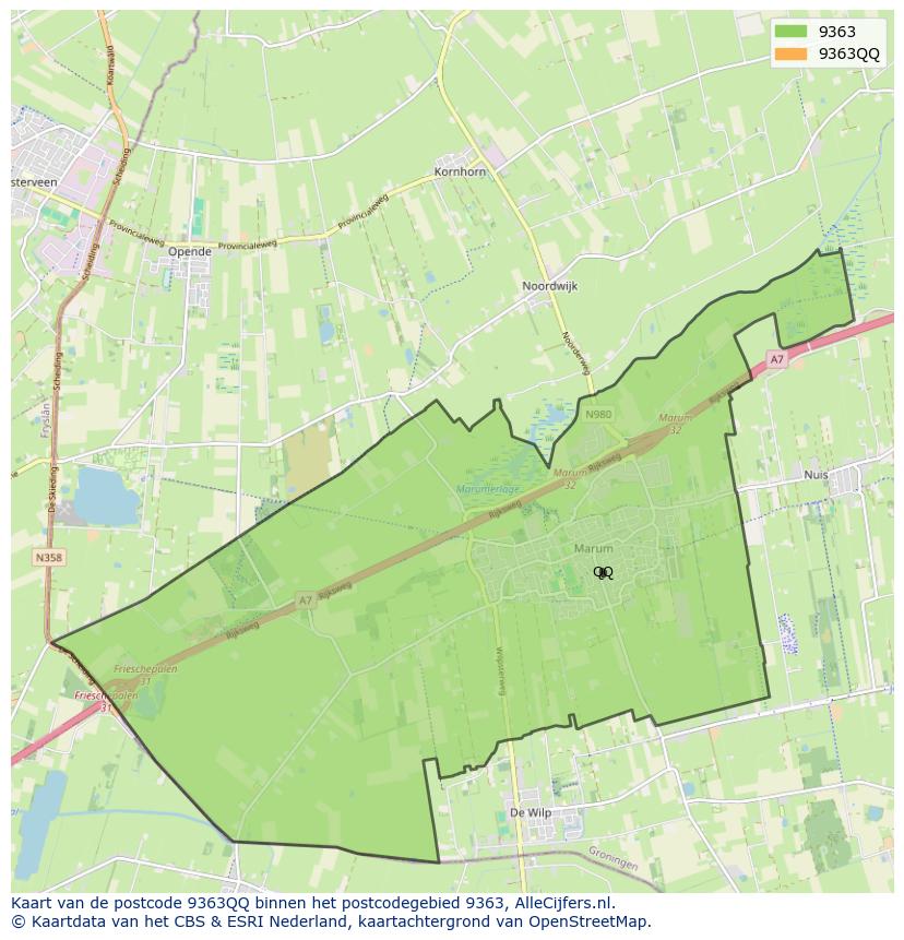 Afbeelding van het postcodegebied 9363 QQ op de kaart.