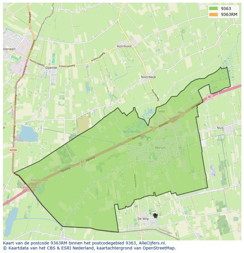 Afbeelding van het postcodegebied 9363 RM op de kaart.
