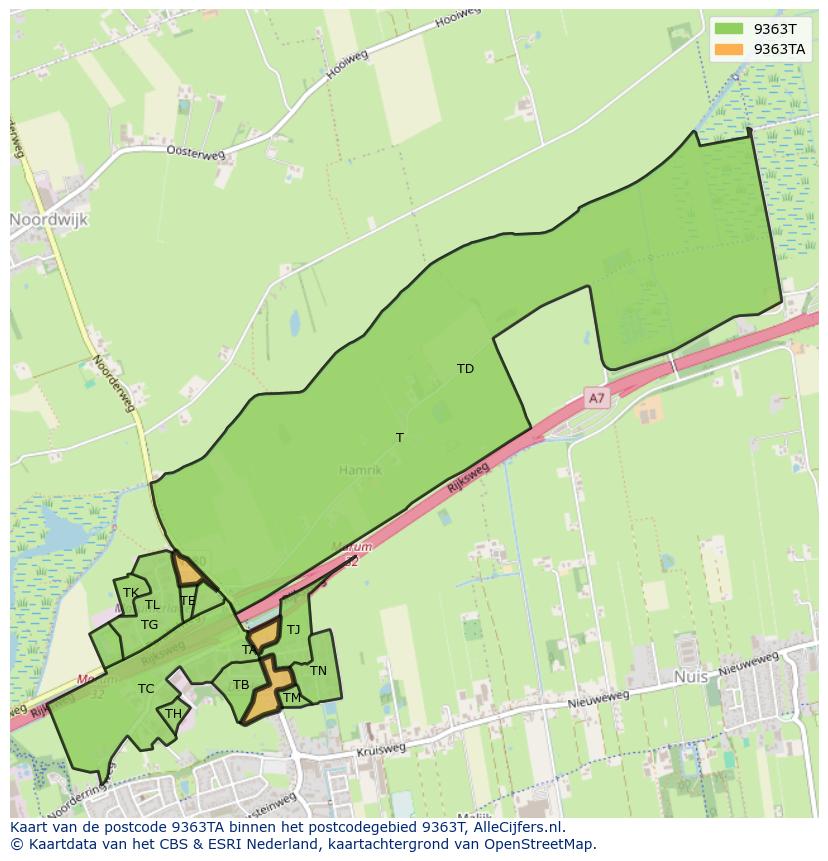 Afbeelding van het postcodegebied 9363 TA op de kaart.