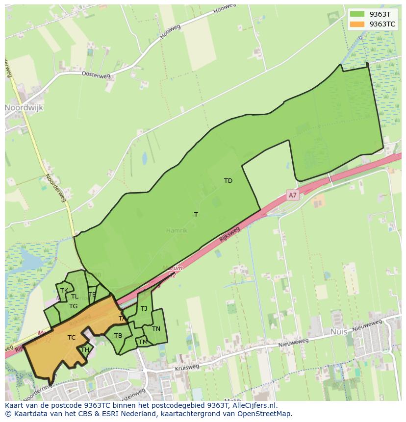 Afbeelding van het postcodegebied 9363 TC op de kaart.