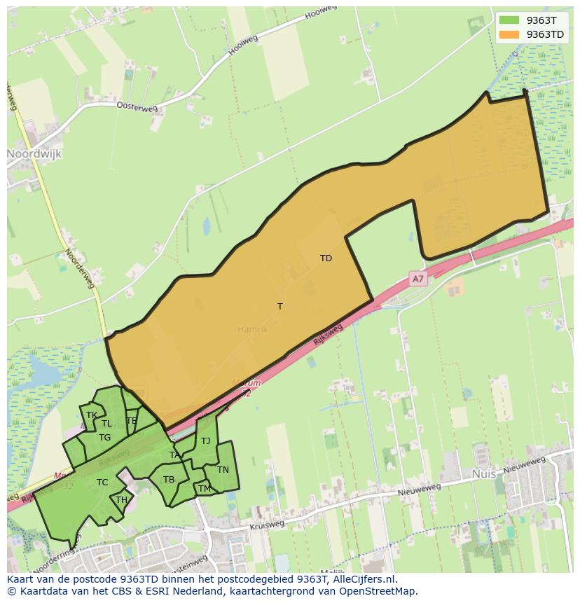 Afbeelding van het postcodegebied 9363 TD op de kaart.