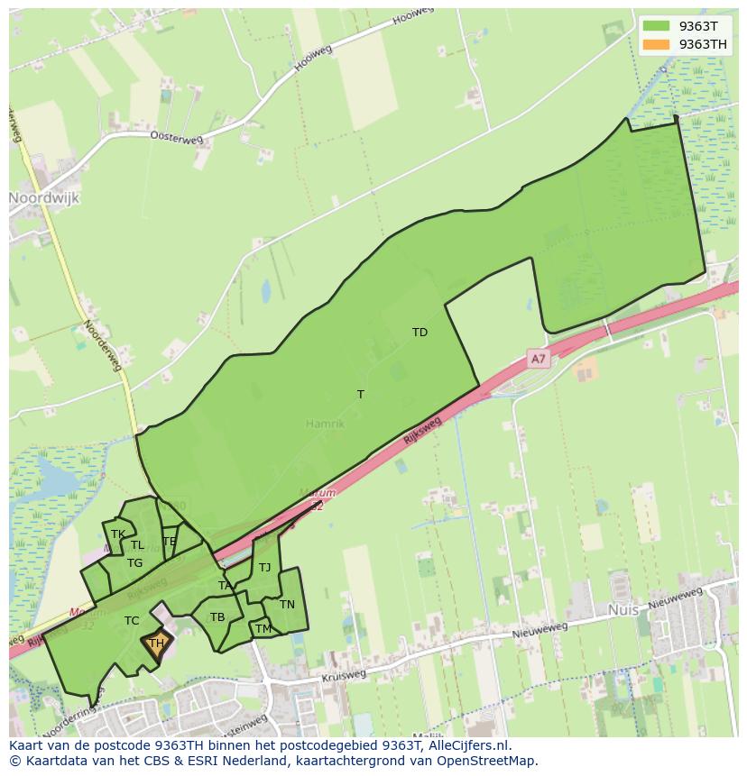 Afbeelding van het postcodegebied 9363 TH op de kaart.