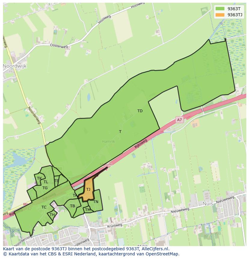 Afbeelding van het postcodegebied 9363 TJ op de kaart.