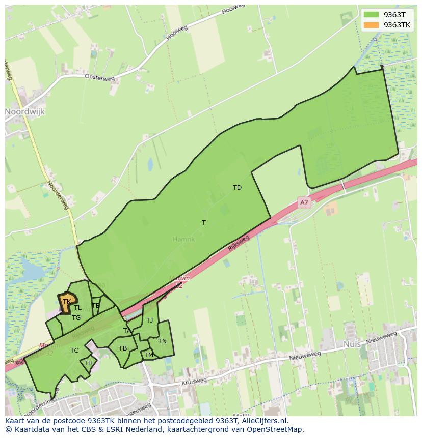 Afbeelding van het postcodegebied 9363 TK op de kaart.