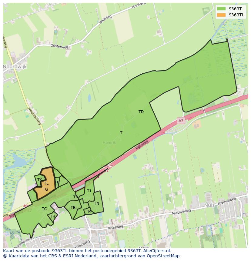 Afbeelding van het postcodegebied 9363 TL op de kaart.