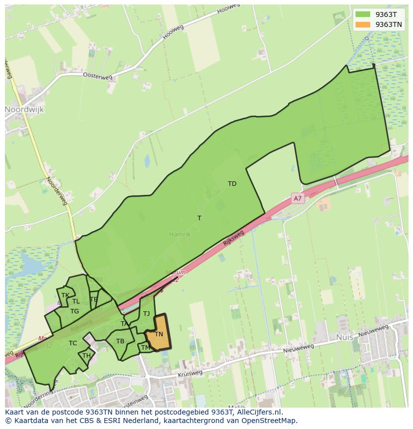 Afbeelding van het postcodegebied 9363 TN op de kaart.