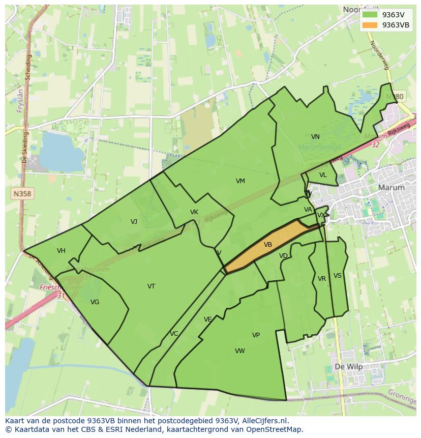Afbeelding van het postcodegebied 9363 VB op de kaart.