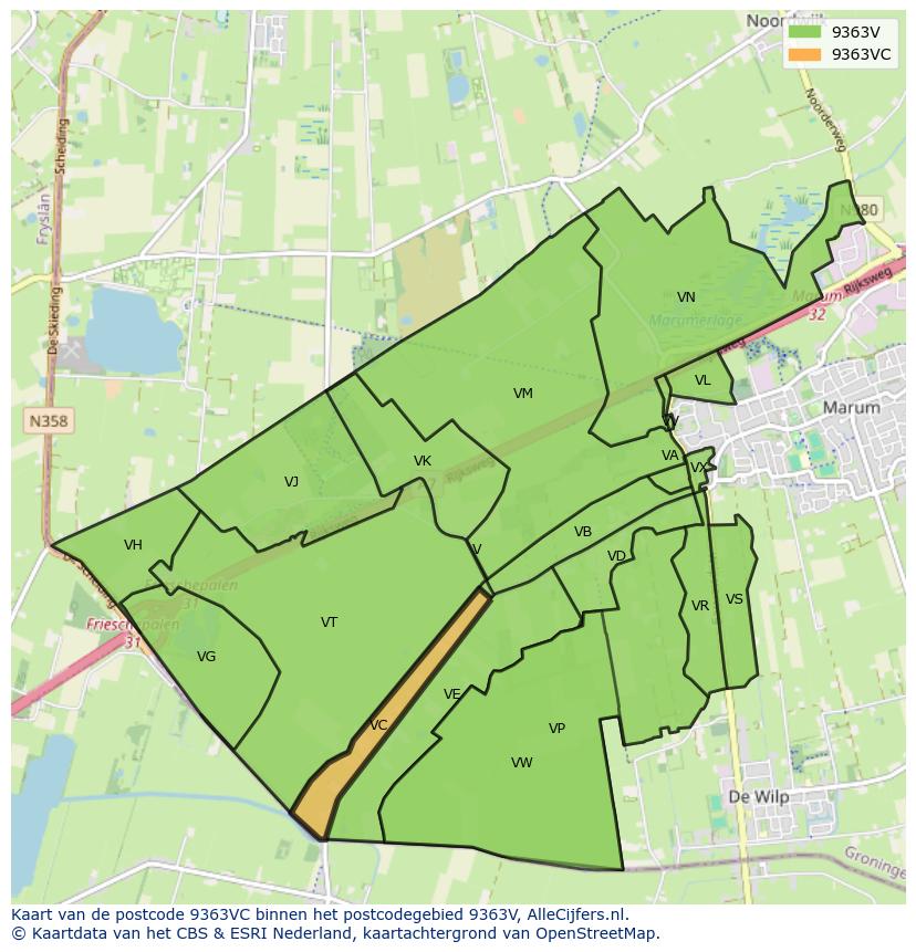 Afbeelding van het postcodegebied 9363 VC op de kaart.