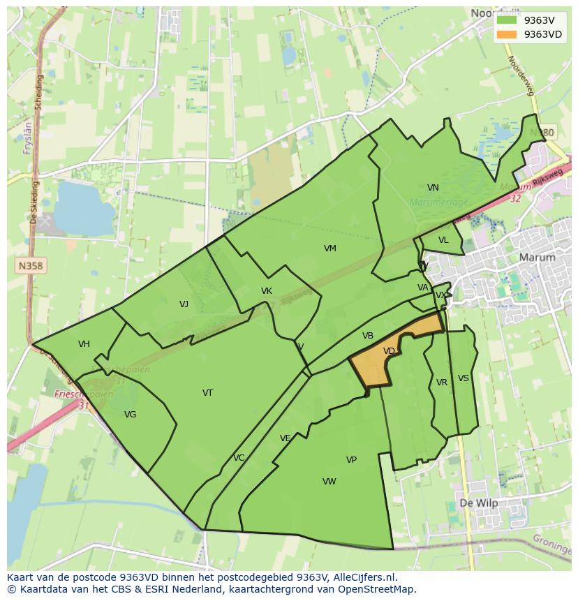 Afbeelding van het postcodegebied 9363 VD op de kaart.