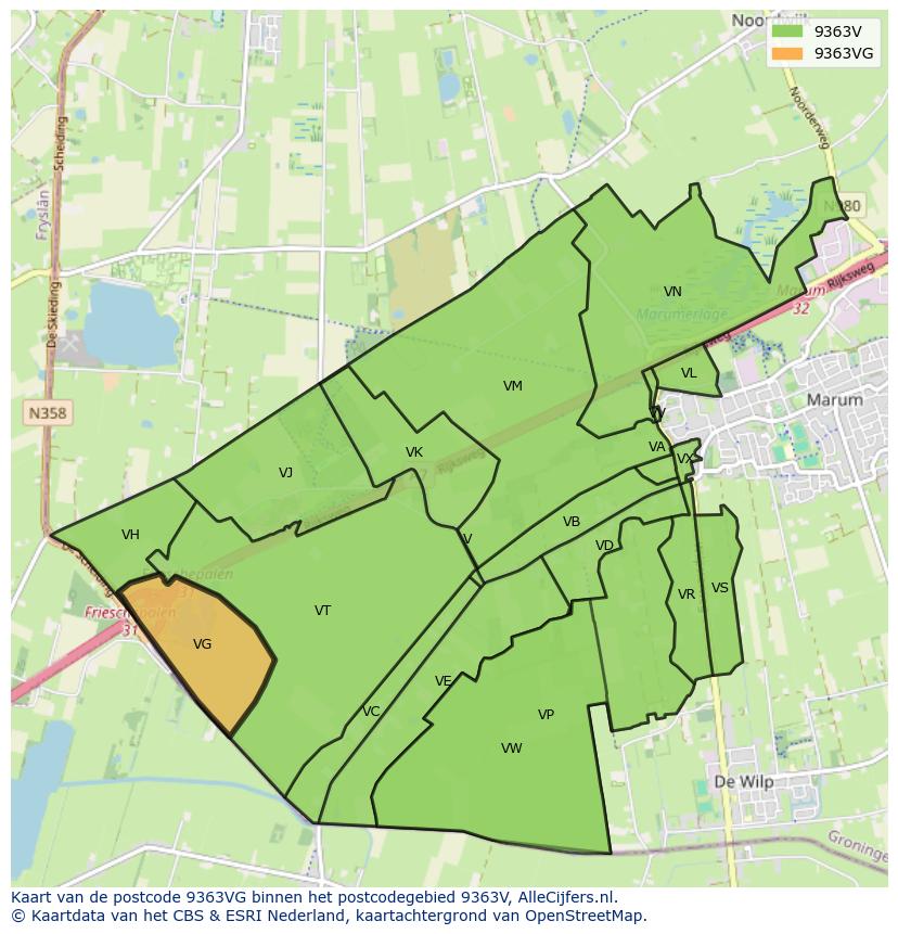Afbeelding van het postcodegebied 9363 VG op de kaart.
