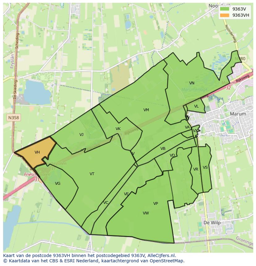 Afbeelding van het postcodegebied 9363 VH op de kaart.
