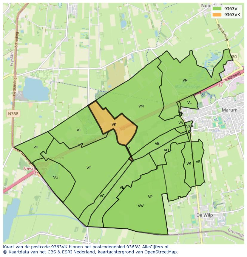 Afbeelding van het postcodegebied 9363 VK op de kaart.