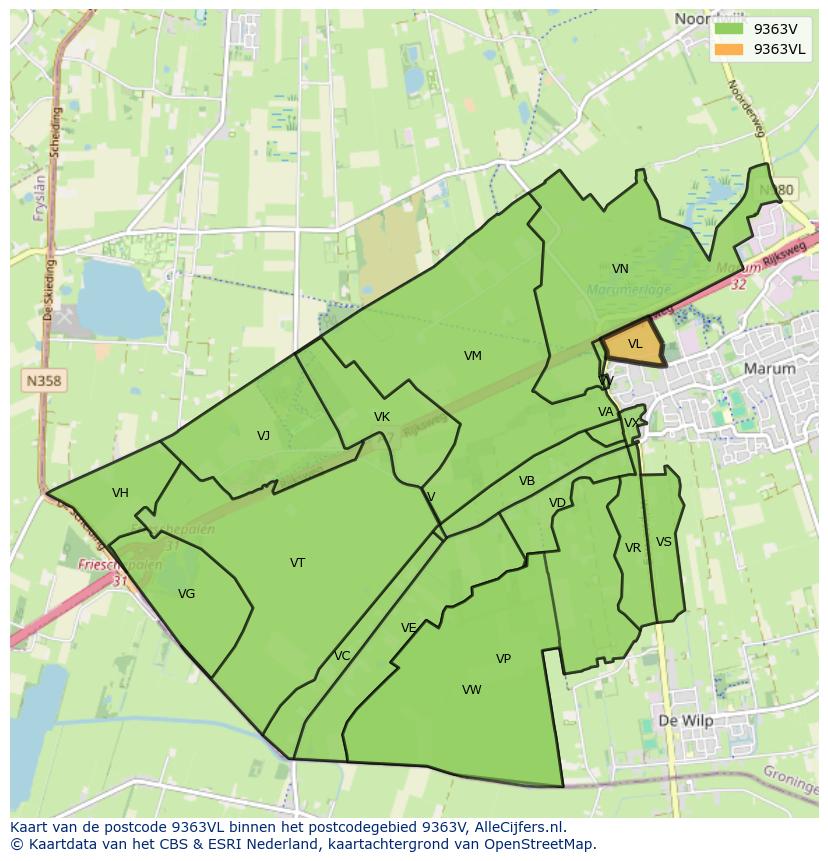 Afbeelding van het postcodegebied 9363 VL op de kaart.