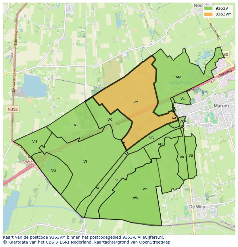 Afbeelding van het postcodegebied 9363 VM op de kaart.