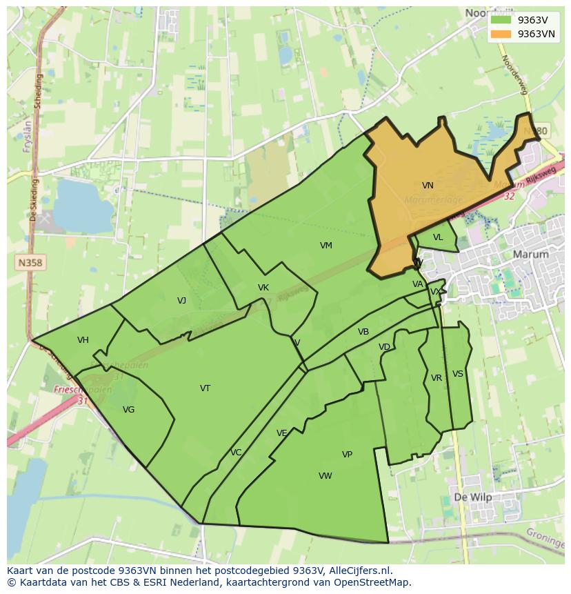 Afbeelding van het postcodegebied 9363 VN op de kaart.