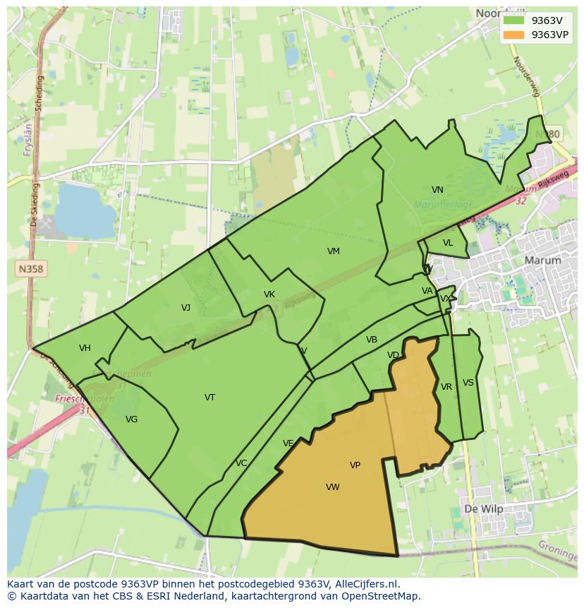 Afbeelding van het postcodegebied 9363 VP op de kaart.