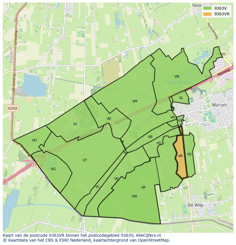 Afbeelding van het postcodegebied 9363 VR op de kaart.