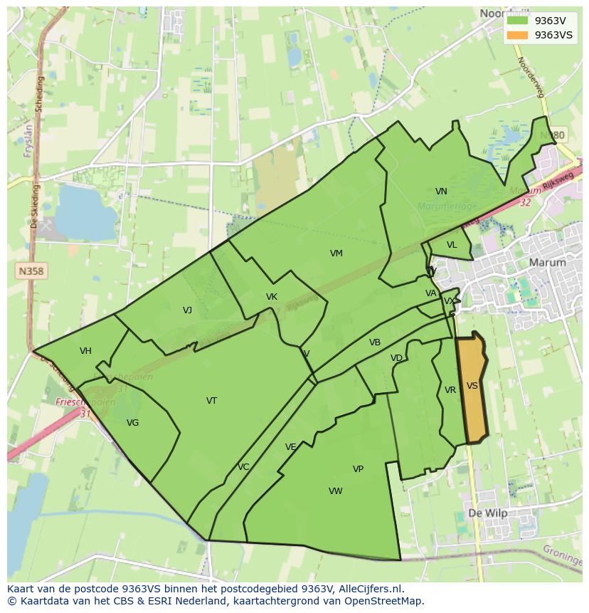 Afbeelding van het postcodegebied 9363 VS op de kaart.