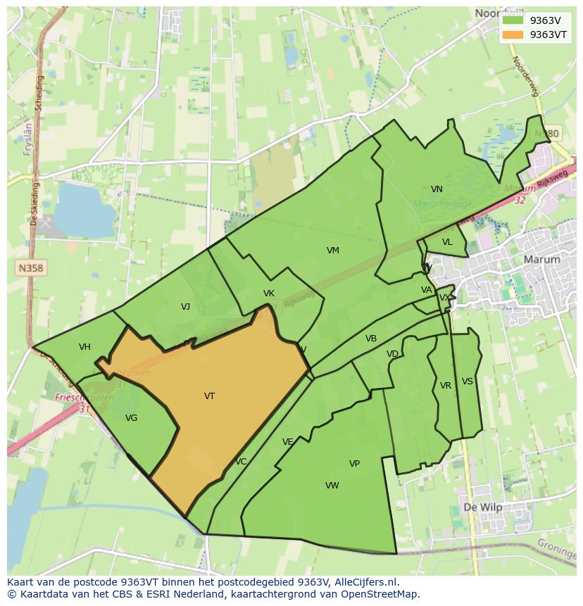 Afbeelding van het postcodegebied 9363 VT op de kaart.