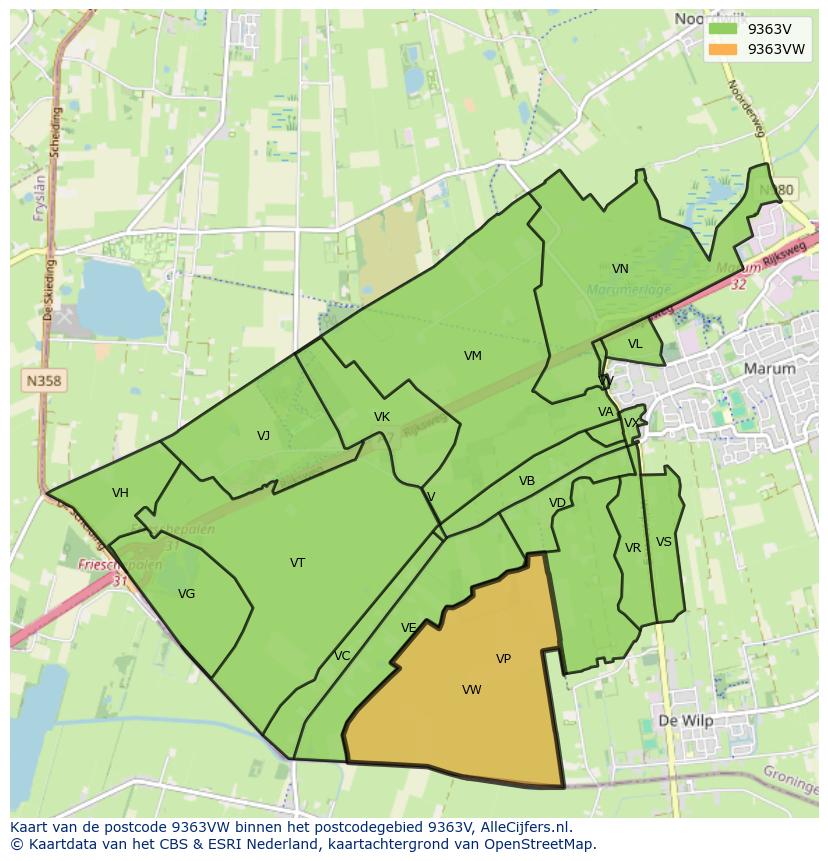 Afbeelding van het postcodegebied 9363 VW op de kaart.