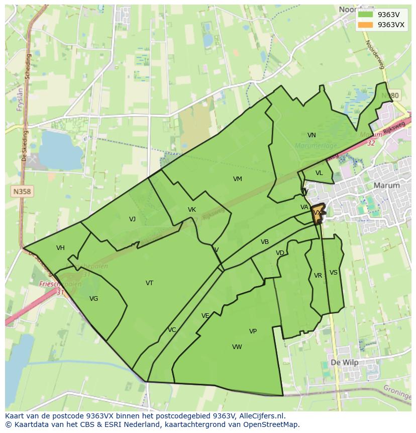 Afbeelding van het postcodegebied 9363 VX op de kaart.