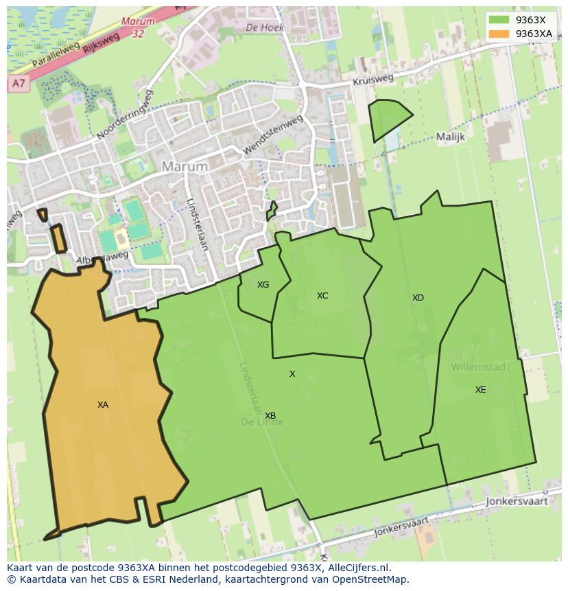 Afbeelding van het postcodegebied 9363 XA op de kaart.