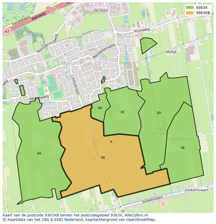Afbeelding van het postcodegebied 9363 XB op de kaart.