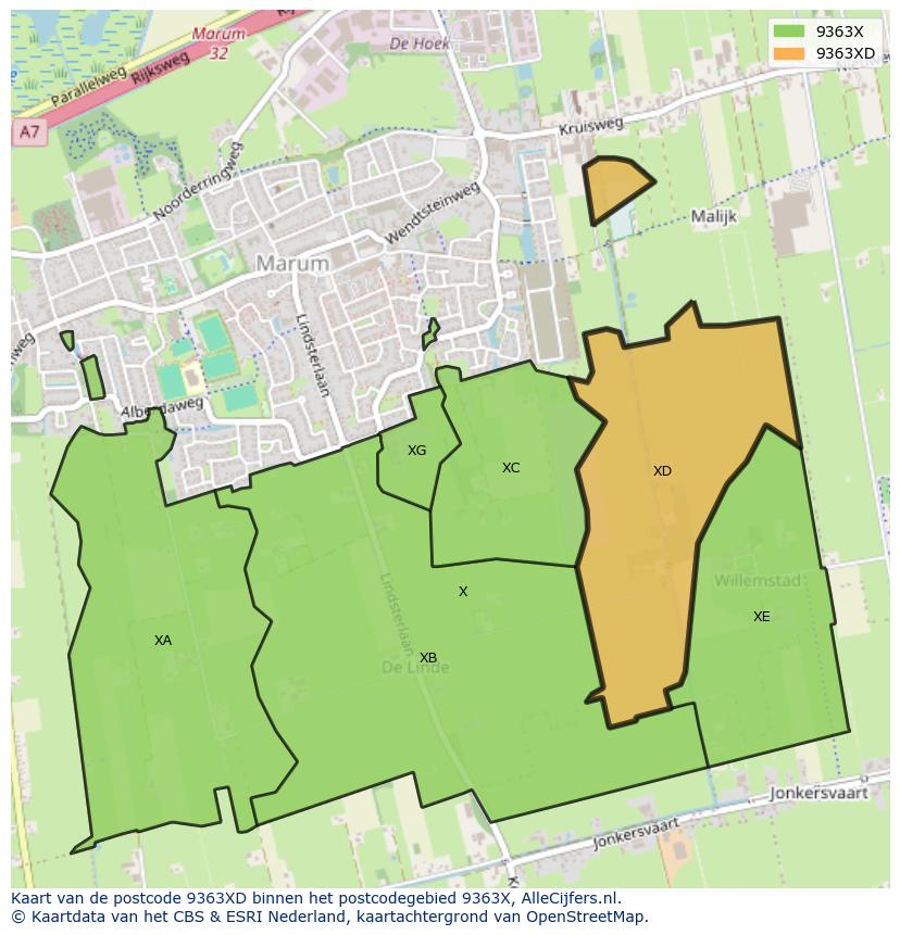 Afbeelding van het postcodegebied 9363 XD op de kaart.